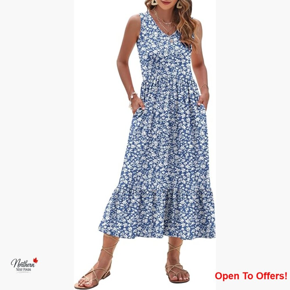 Sleeveless V Neck Maxi Dress with Pockets Empire Waist Summer Dress